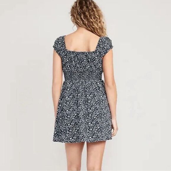 Old Navy navy and white ditsy floral smocked waist cotton blend dress size XS - Picture 3 of 7
